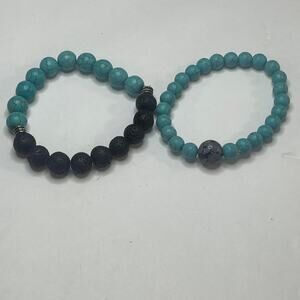 Set of two stretch bracelets beaded turquoise colored blue charcoal gray stones